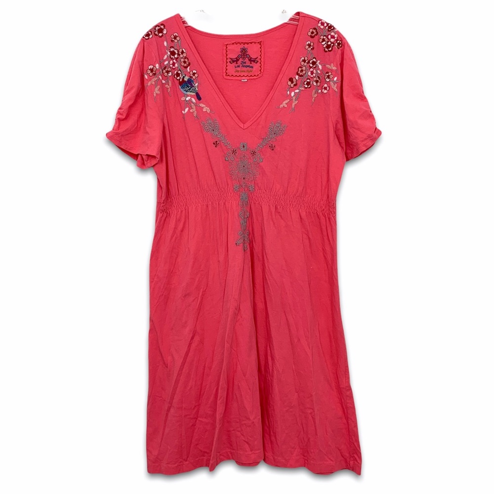 Johnny Was Womens Sz XL Dress Short Sleeve Embroidered Pink Floral Cotton Blend